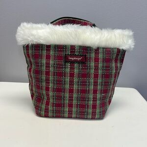 Longaberger Christmas holiday stripe mini tote purse white faux fur trim
